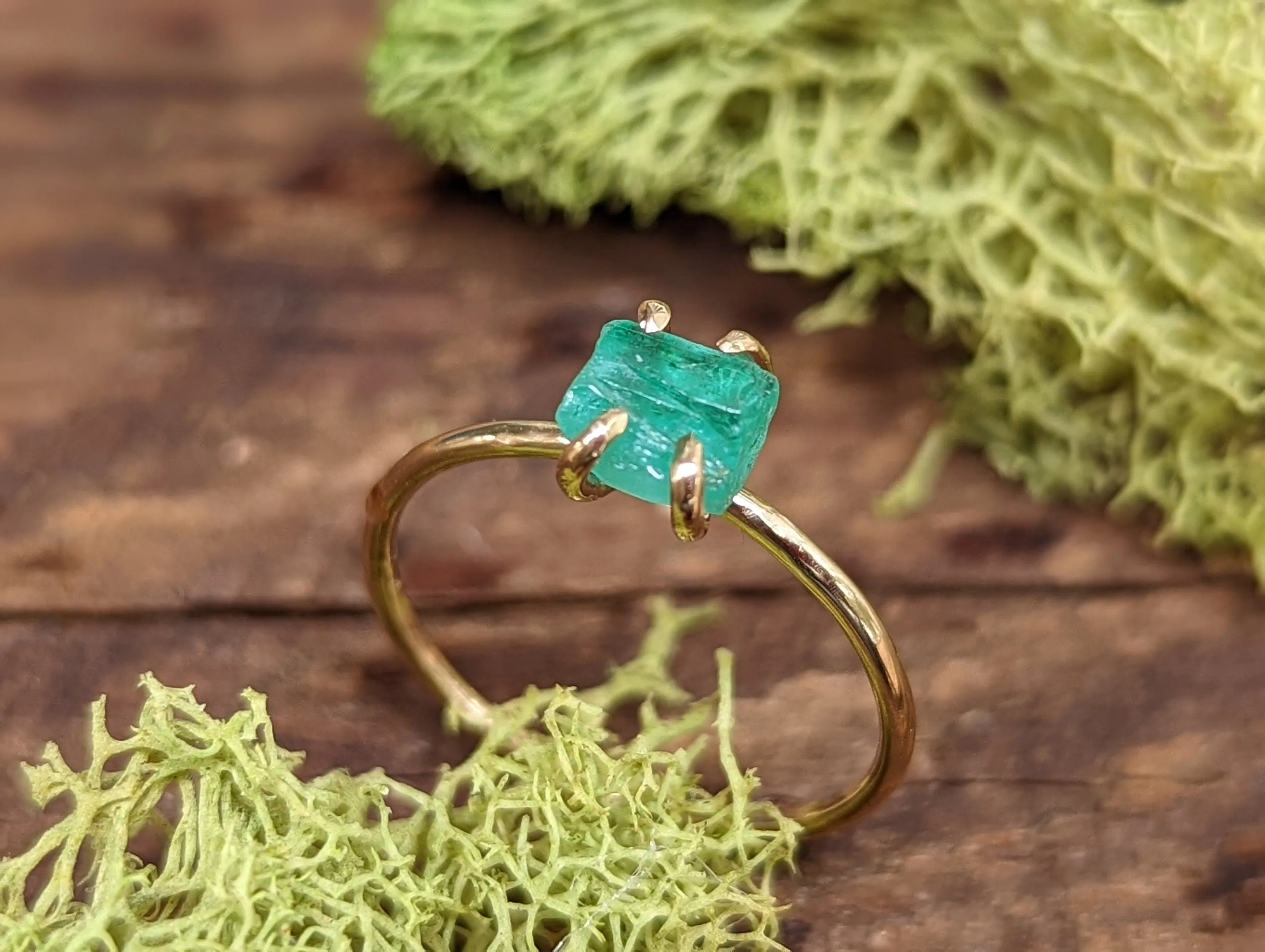 Raw Emerald solitaire ring in Solid 14k Gold