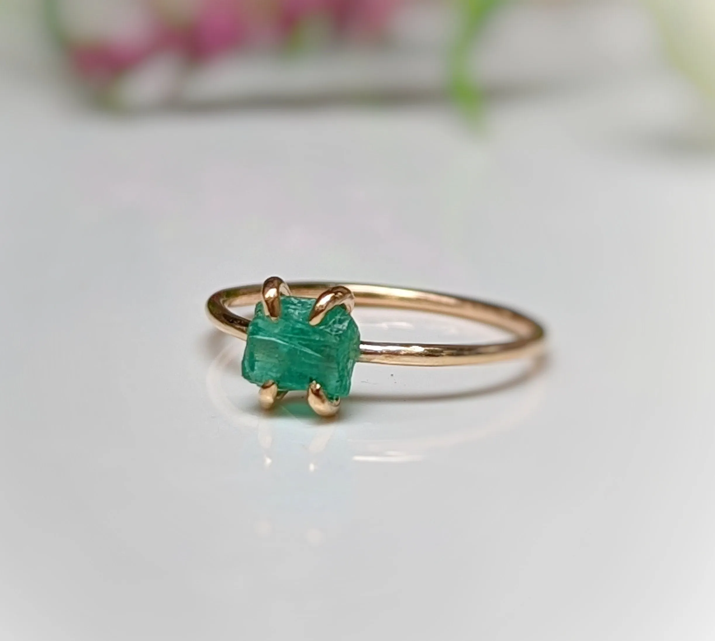 Raw Emerald solitaire ring in Solid 14k Gold