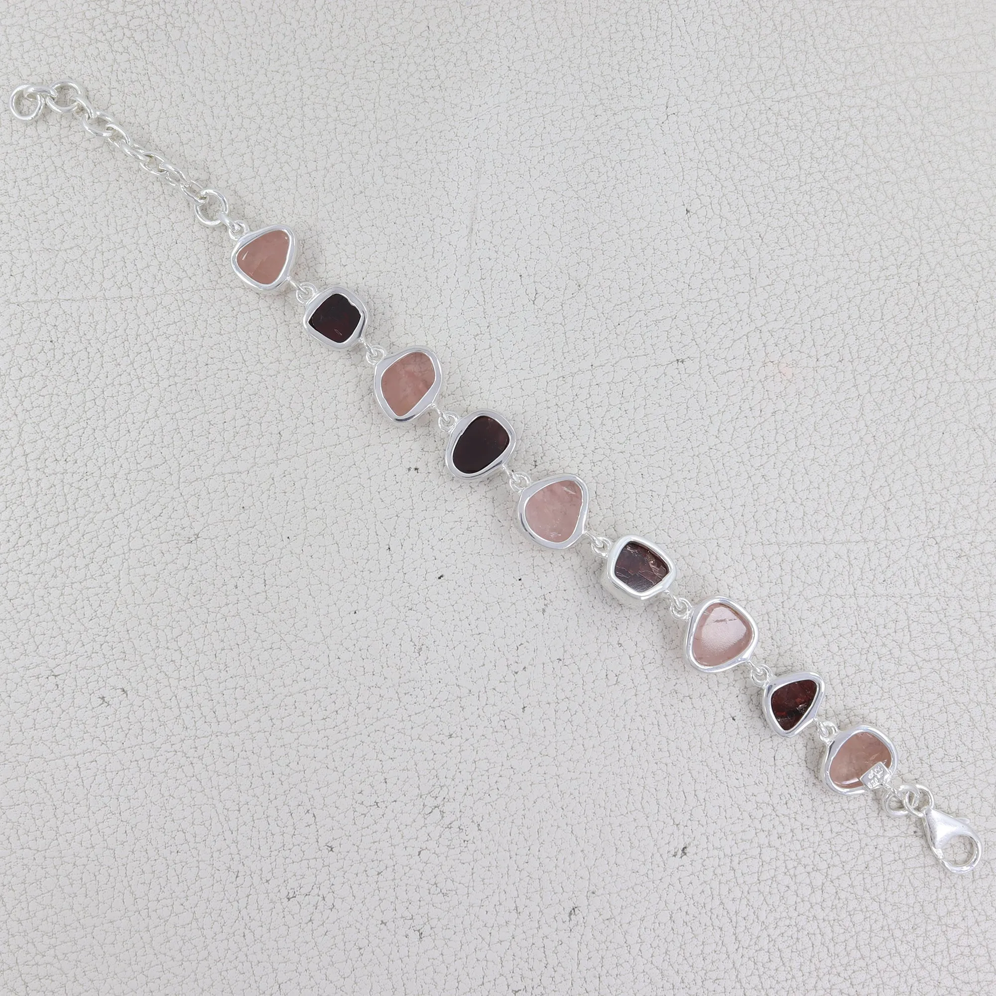 Raw Garnet & Rose Quartz Silver Bracelet