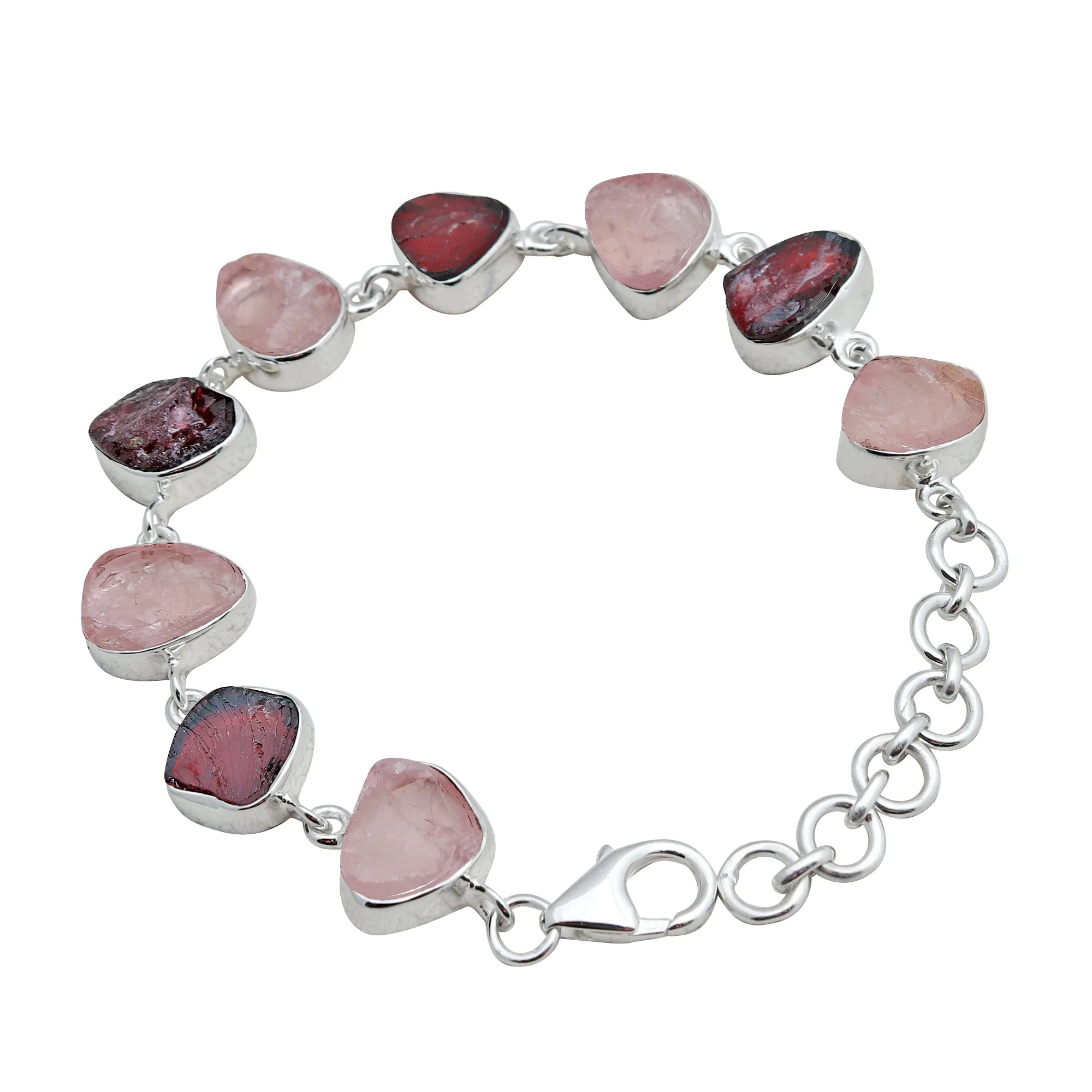 Raw Garnet & Rose Quartz Silver Bracelet