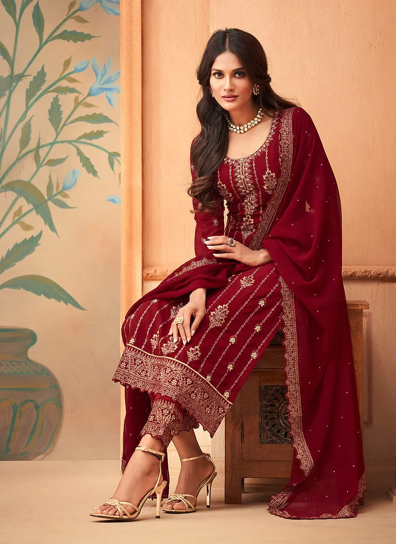 Red Embroidered Pakistani Pant Suit