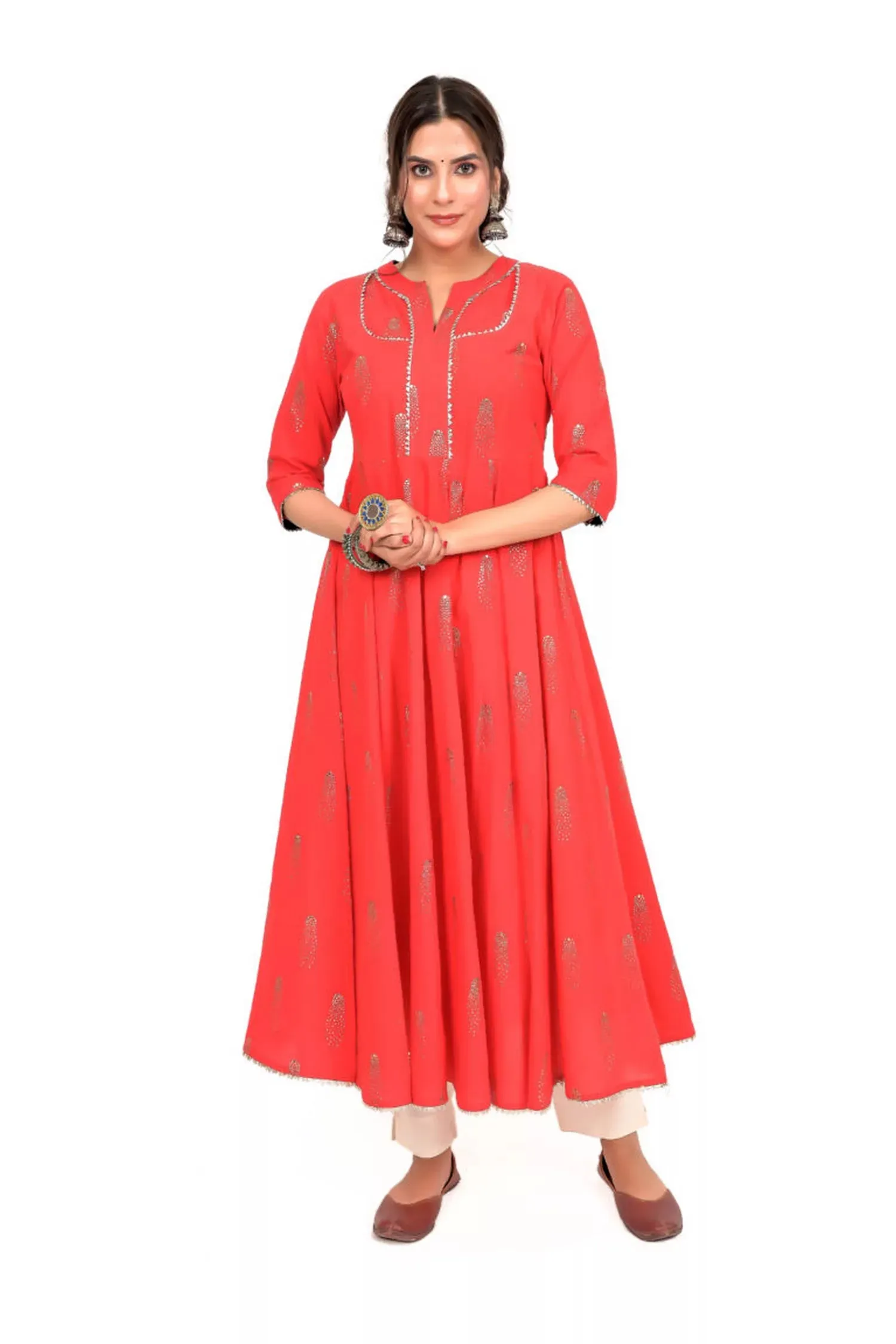 Red Foil Print Anarkali Cotton Kurta