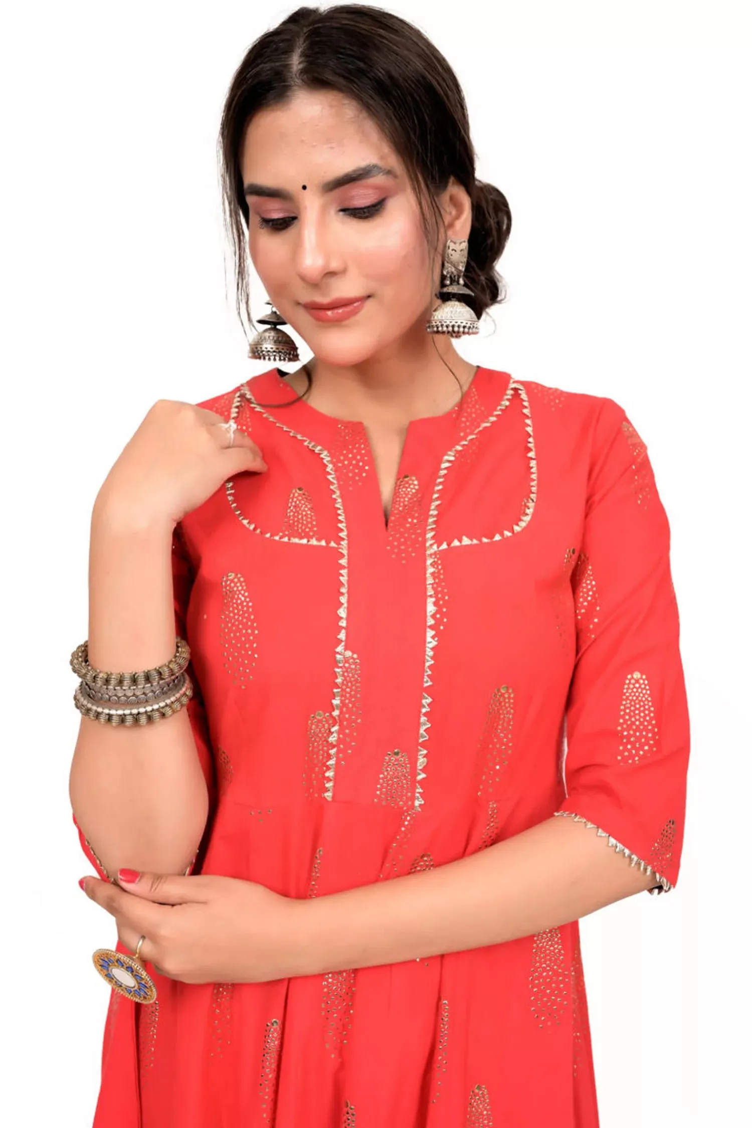 Red Foil Print Anarkali Cotton Kurta