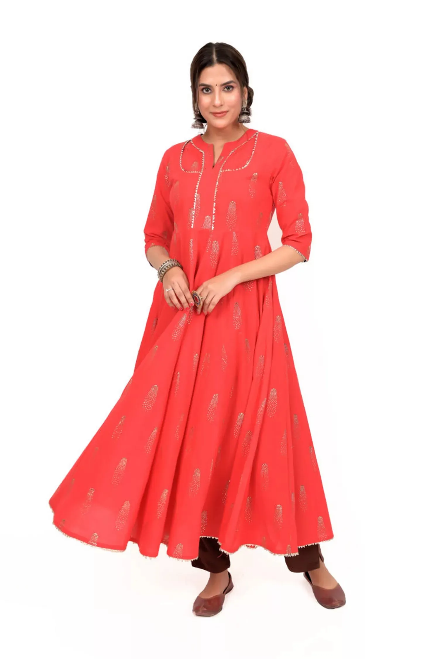 Red Foil Print Anarkali Cotton Kurta