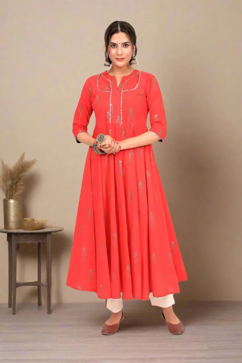 Red Foil Print Anarkali Cotton Kurta