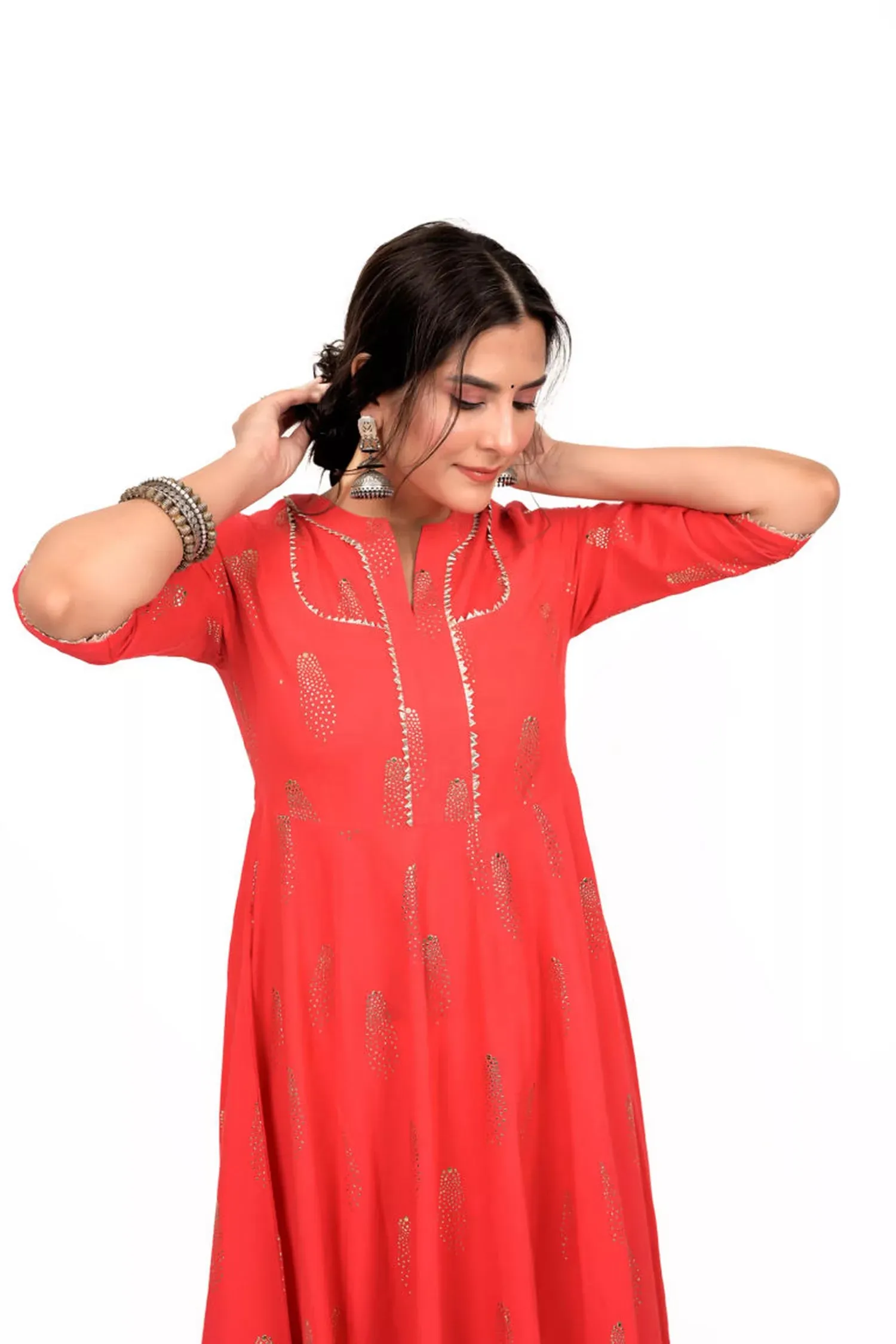 Red Foil Print Anarkali Cotton Kurta