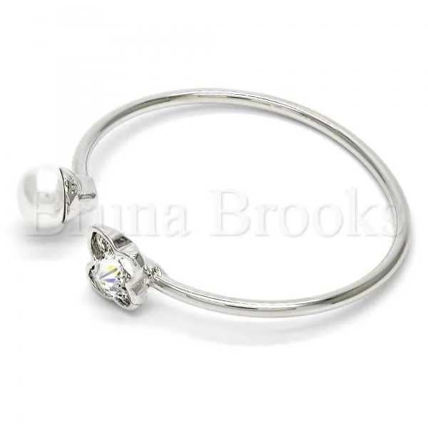 Rhodium Plated Individual Bangle, Butterfly Design, with Swarovski Crystals and Pearl, Rhodium Tone