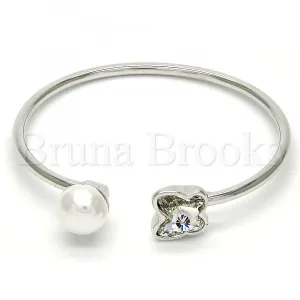 Rhodium Plated Individual Bangle, Butterfly Design, with Swarovski Crystals and Pearl, Rhodium Tone