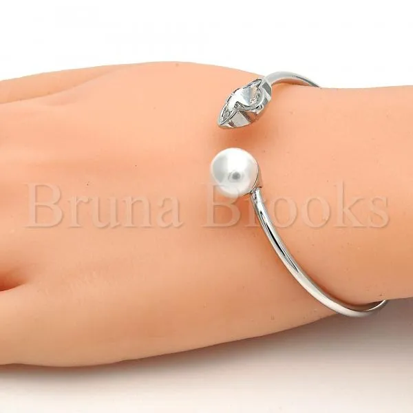 Rhodium Plated Individual Bangle, Butterfly Design, with Swarovski Crystals and Pearl, Rhodium Tone