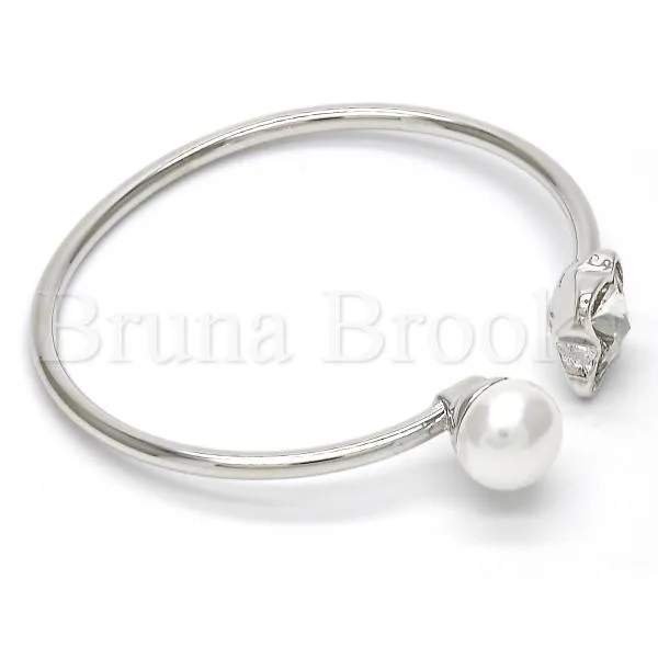 Rhodium Plated Individual Bangle, Butterfly Design, with Swarovski Crystals and Pearl, Rhodium Tone