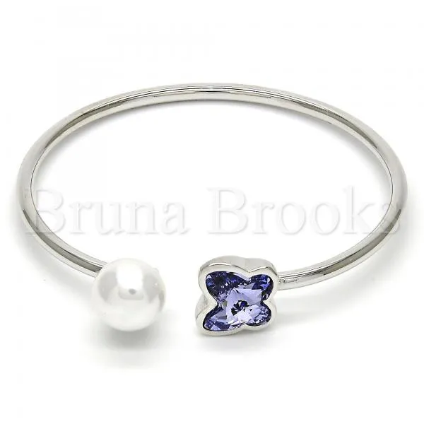 Rhodium Plated Individual Bangle, Butterfly Design, with Swarovski Crystals and Pearl, Rhodium Tone