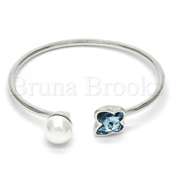 Rhodium Plated Individual Bangle, Butterfly Design, with Swarovski Crystals and Pearl, Rhodium Tone