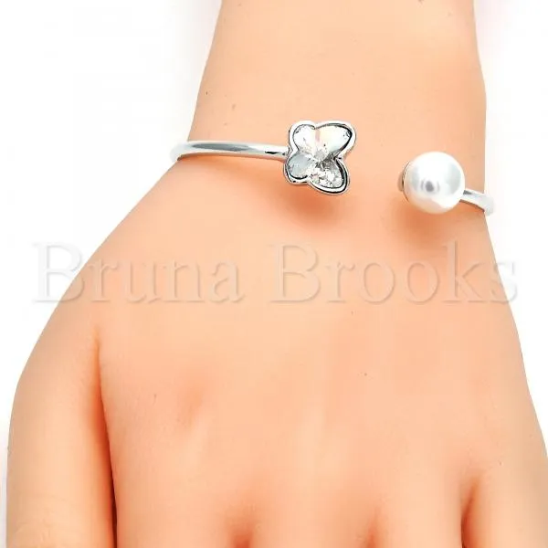 Rhodium Plated Individual Bangle, Butterfly Design, with Swarovski Crystals and Pearl, Rhodium Tone