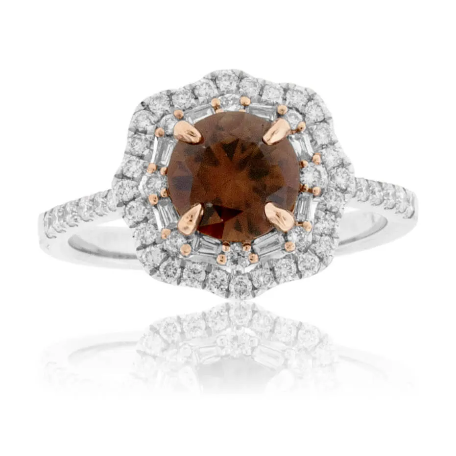 Round Cut Brown Zircon & Diamond Double Halo Ring