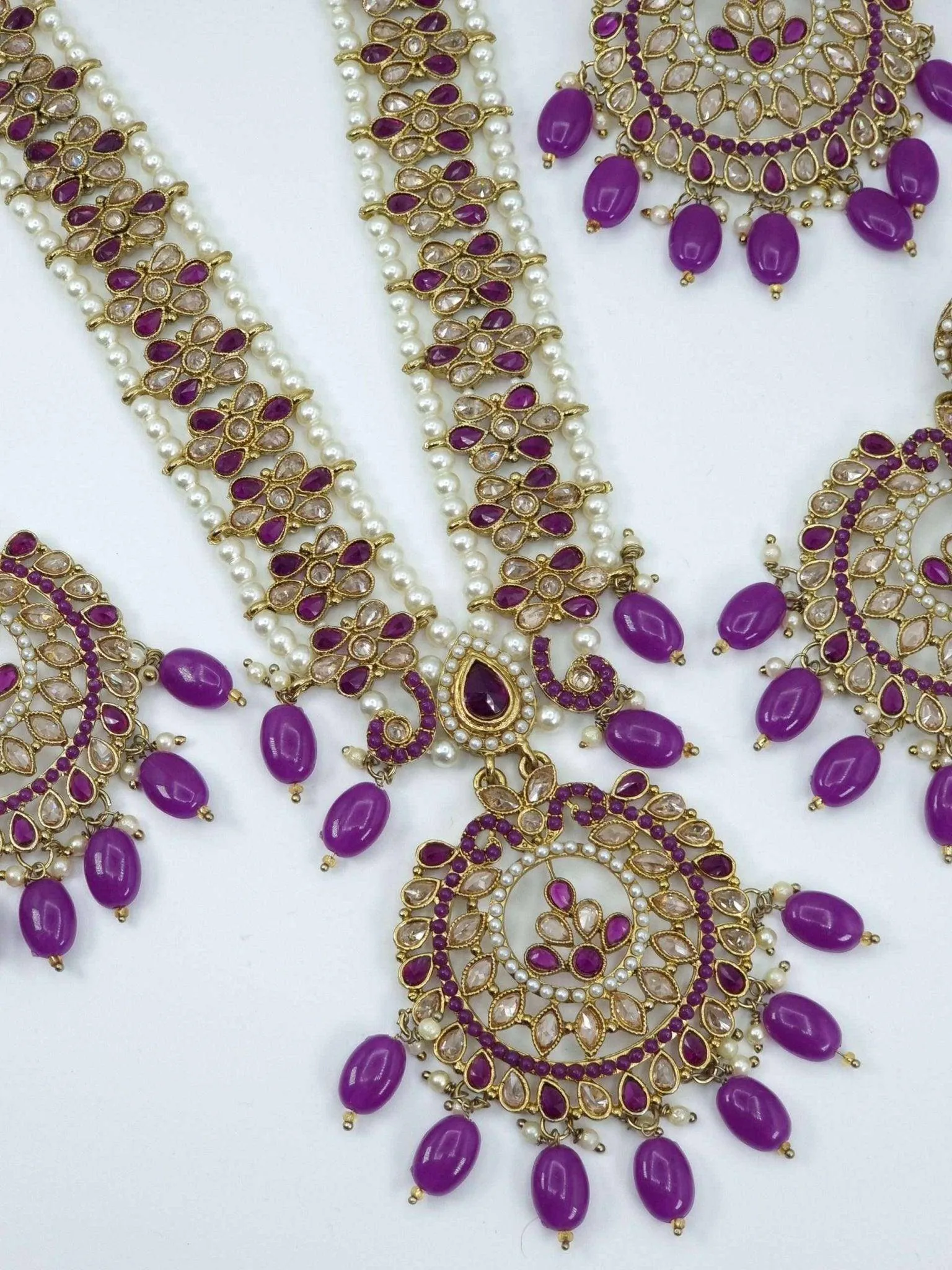 Sayema- Antique Gold Polki Stone Mala Necklace Set Purple