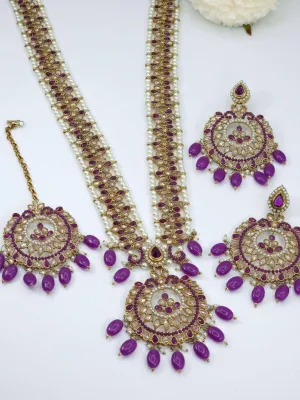 Sayema- Antique Gold Polki Stone Mala Necklace Set Purple