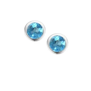 Silver and Blue Topaz 4mm round stud earrings in rubover setting