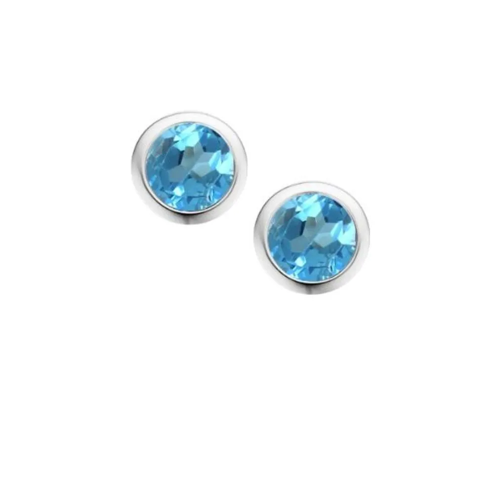 Silver and Blue Topaz 4mm round stud earrings in rubover setting