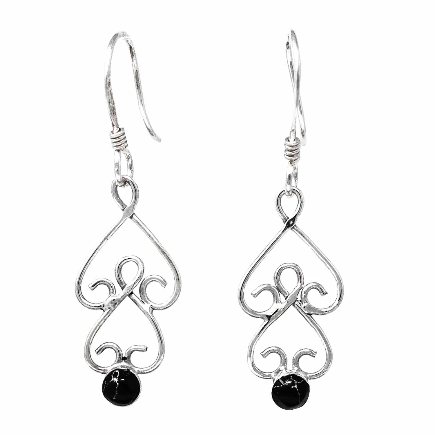 Silver Chandelier Earrings with Black Mosaic Stone Artisana