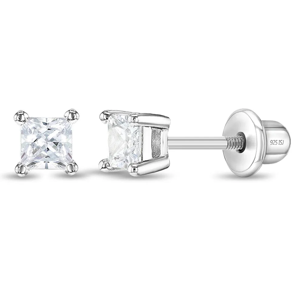 Simply Square CZ Solitaire 3mm Baby / Toddler / Kids Earrings Screw Back - Sterling Silver