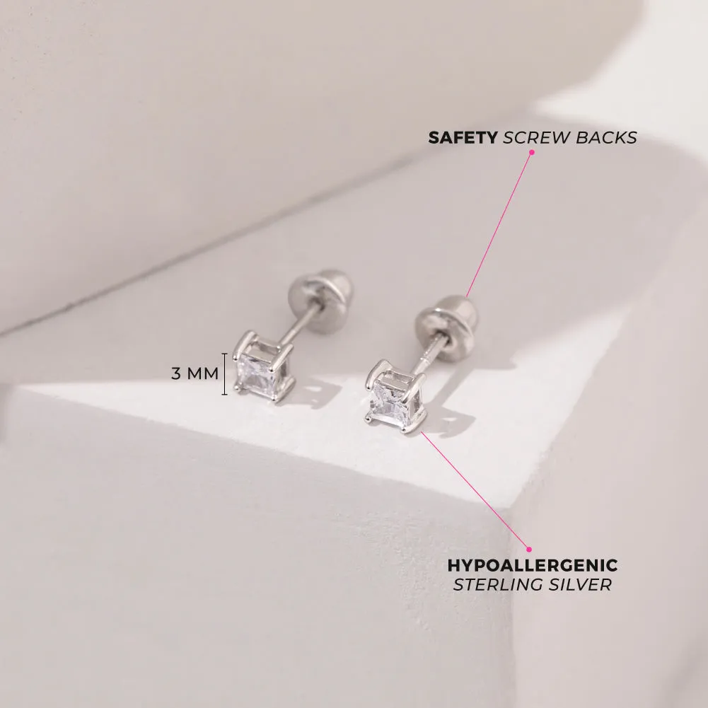 Simply Square CZ Solitaire 3mm Baby / Toddler / Kids Earrings Screw Back - Sterling Silver