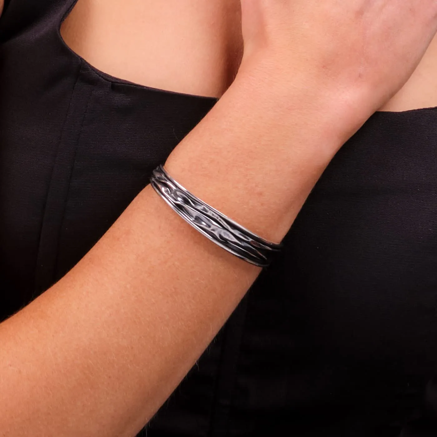 Slim Sterling Silver Multi-Layer Contrasting Cuff Bangle for Women