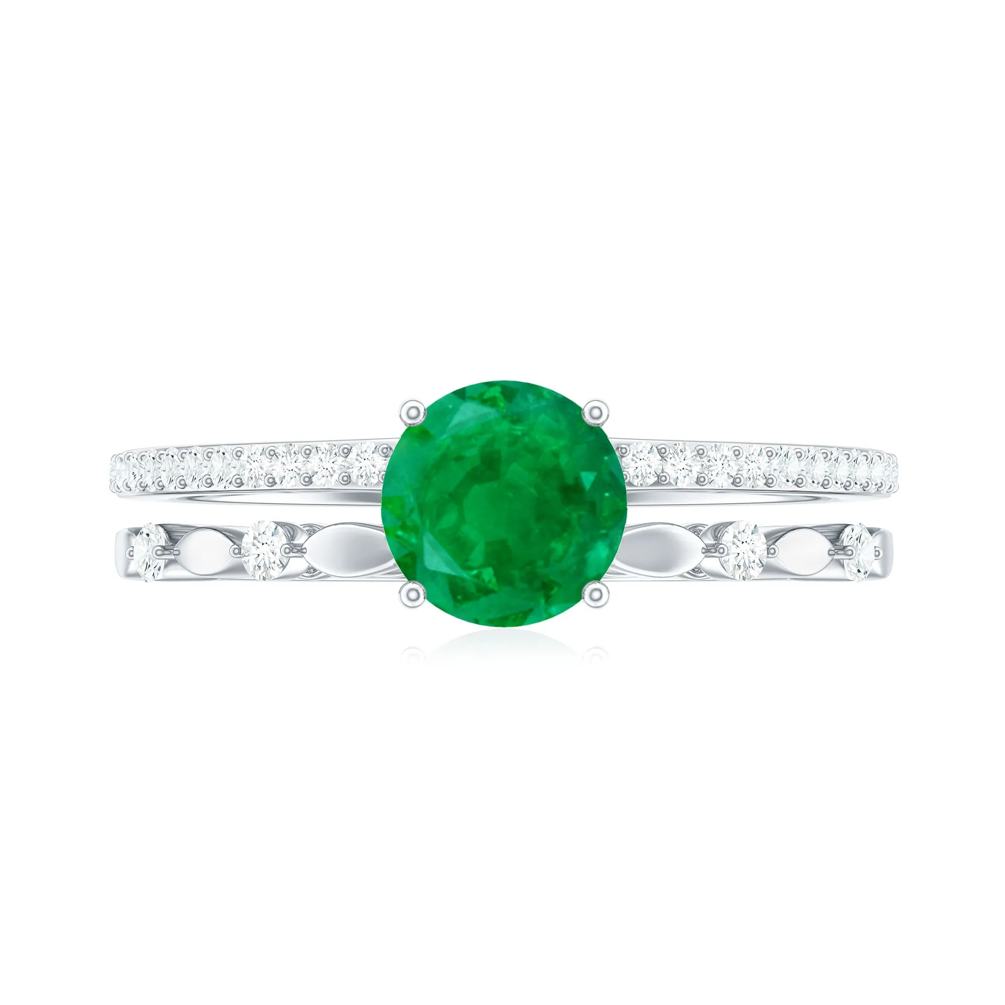 Solitaire Emerald Double Band Engagement Ring with Diamond