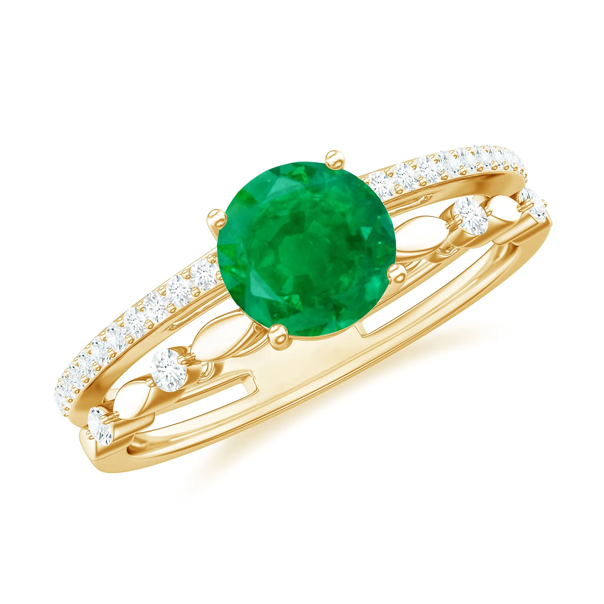 Solitaire Emerald Double Band Engagement Ring with Diamond