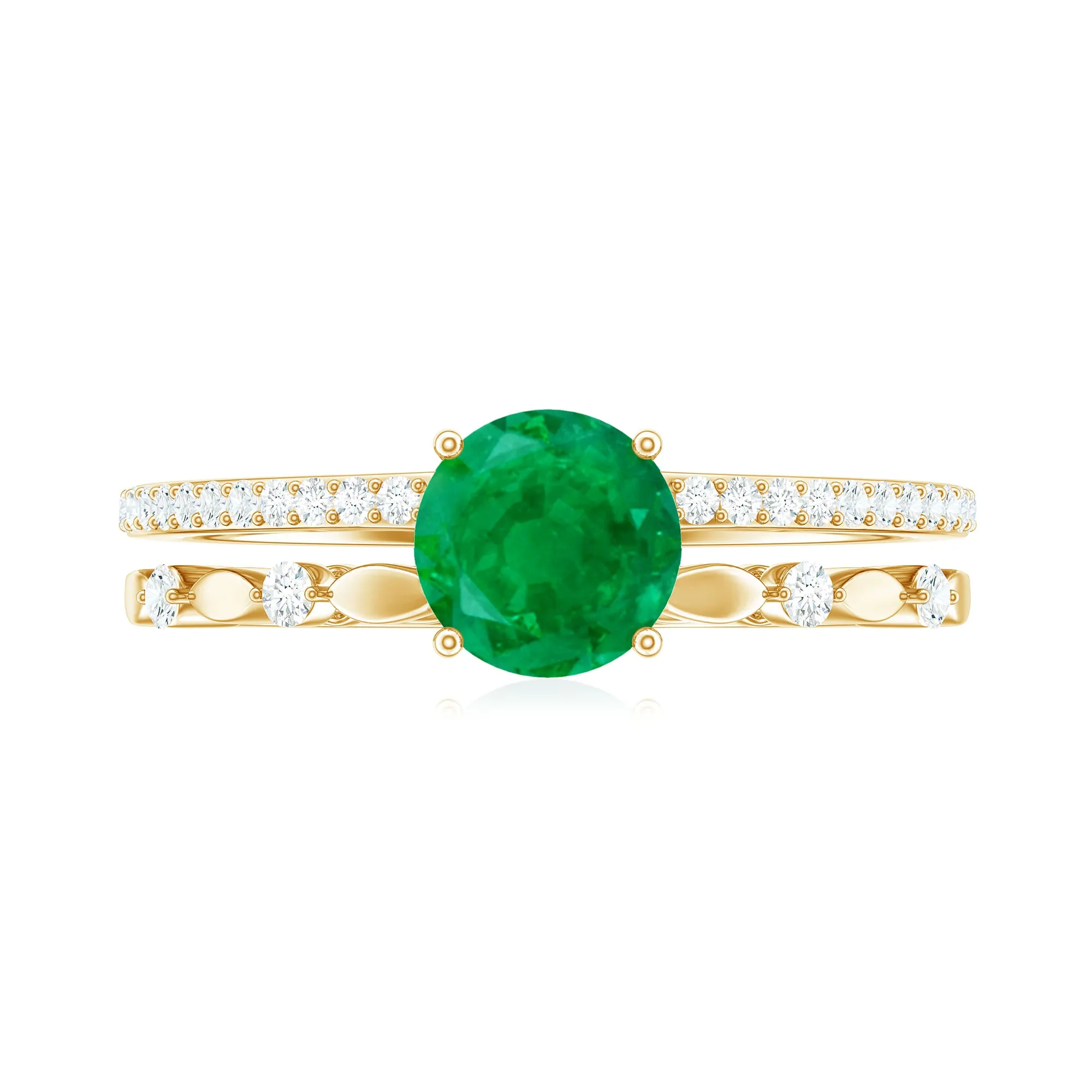 Solitaire Emerald Double Band Engagement Ring with Diamond