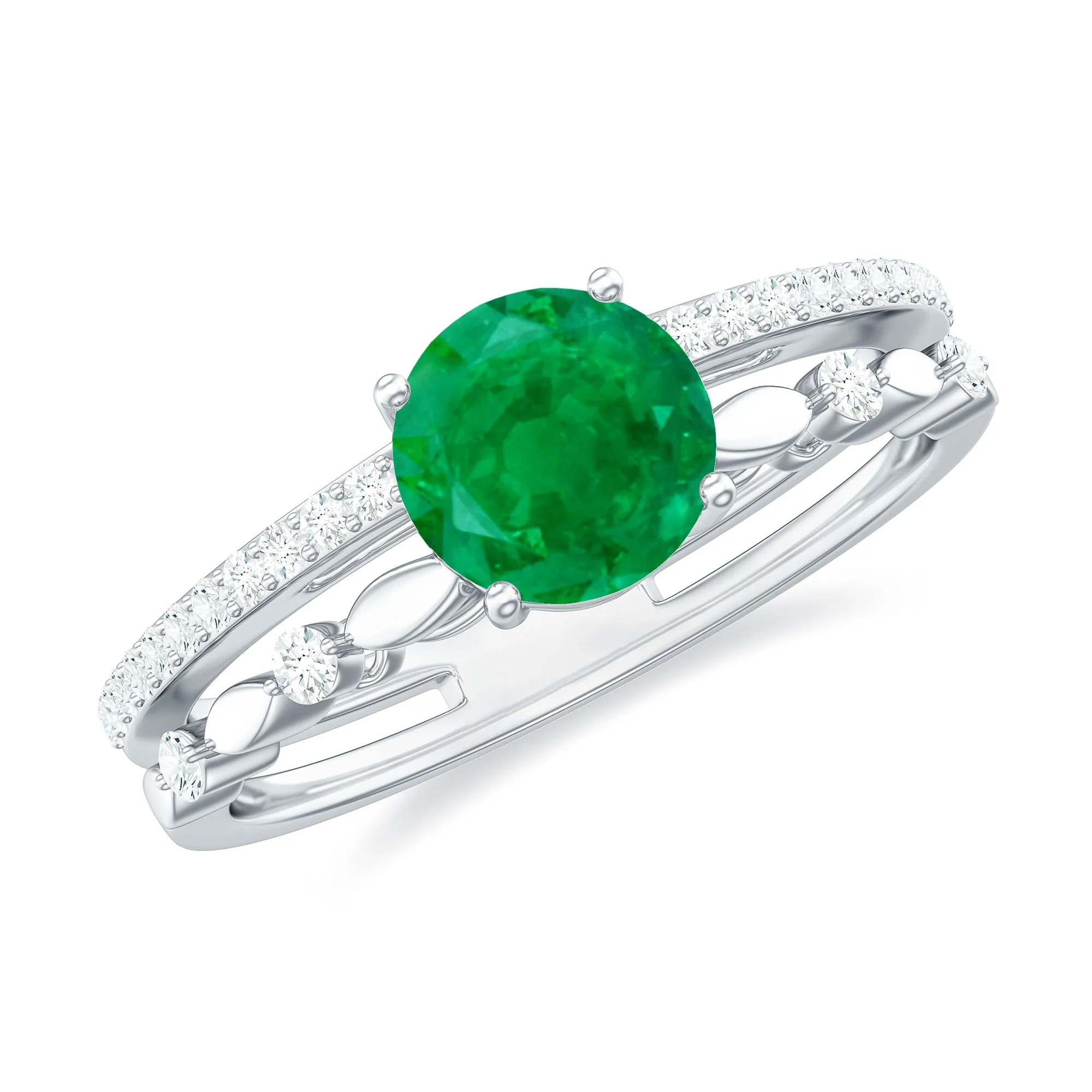 Solitaire Emerald Double Band Engagement Ring with Diamond