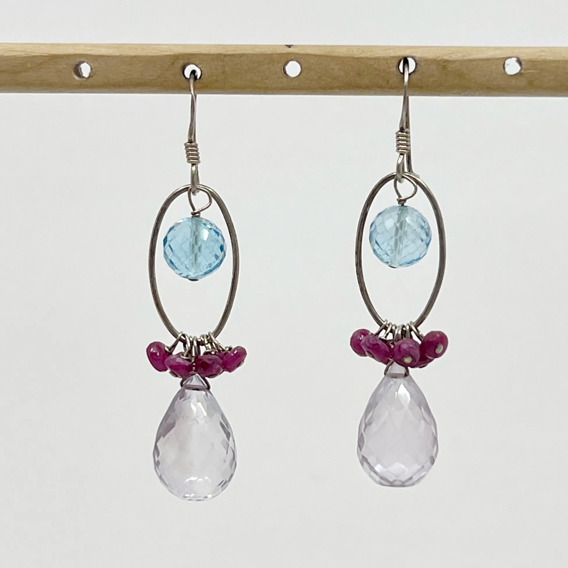 Sterling silver blue topaz, ruby & amethyst bead earrings