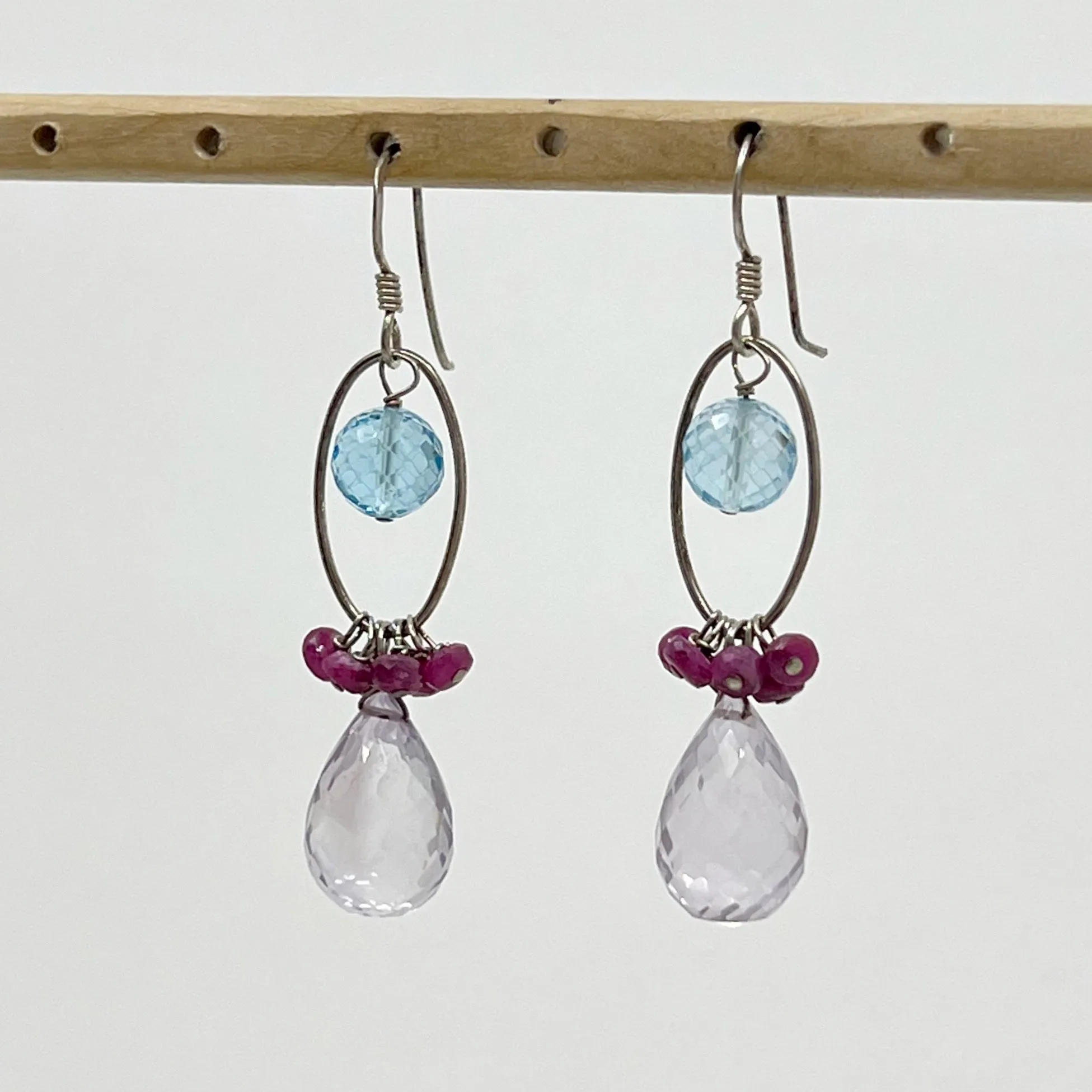 Sterling silver blue topaz, ruby & amethyst bead earrings