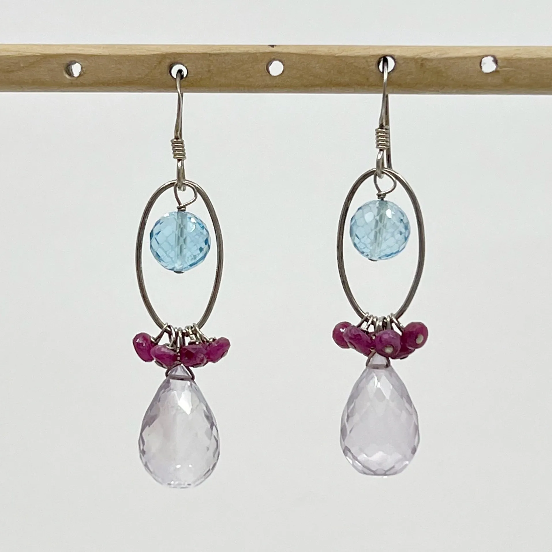 Sterling silver blue topaz, ruby & amethyst bead earrings