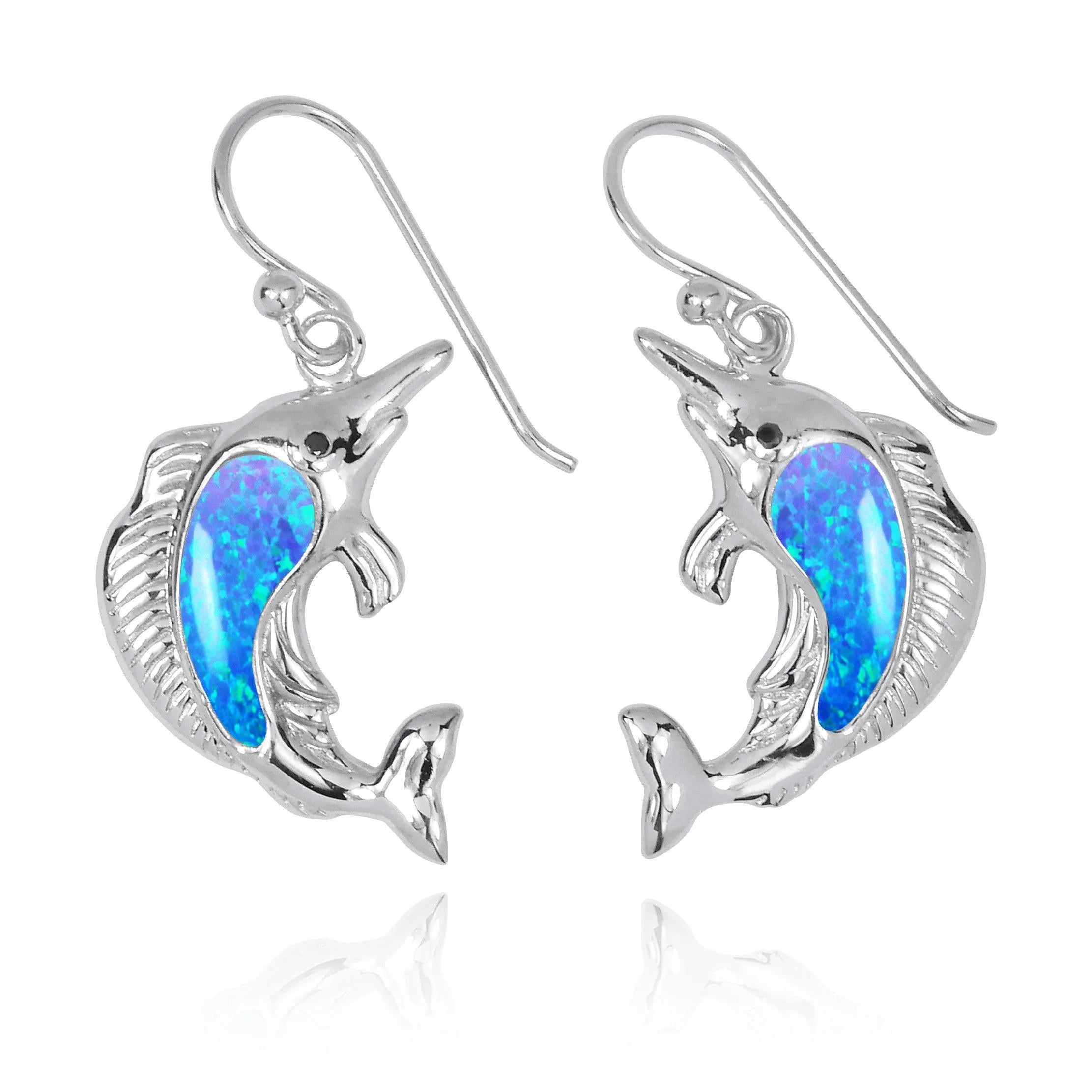 Sterling Silver Swordfish with Blue Opal and Black CZ French Wire Earrings