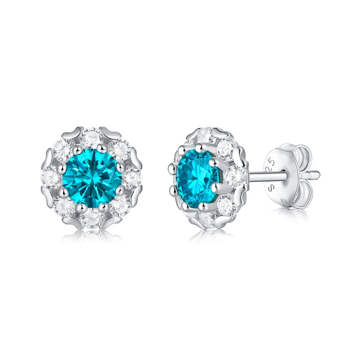 Sterling Silver with 0.50ctw Lab Created Moissanite & Blue Topaz Round Halo Stud Earrings