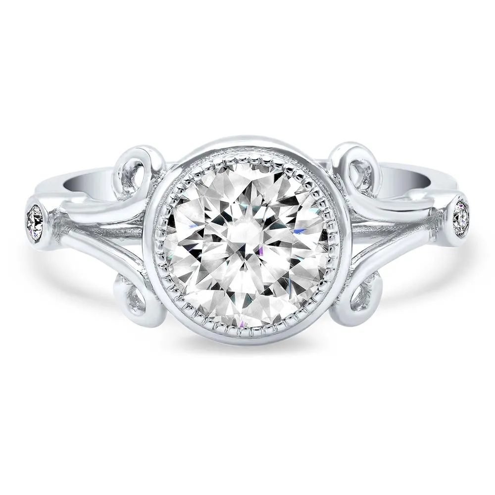 Swirl Split Shank Bezel Set Diamond Accented Engagement Ring