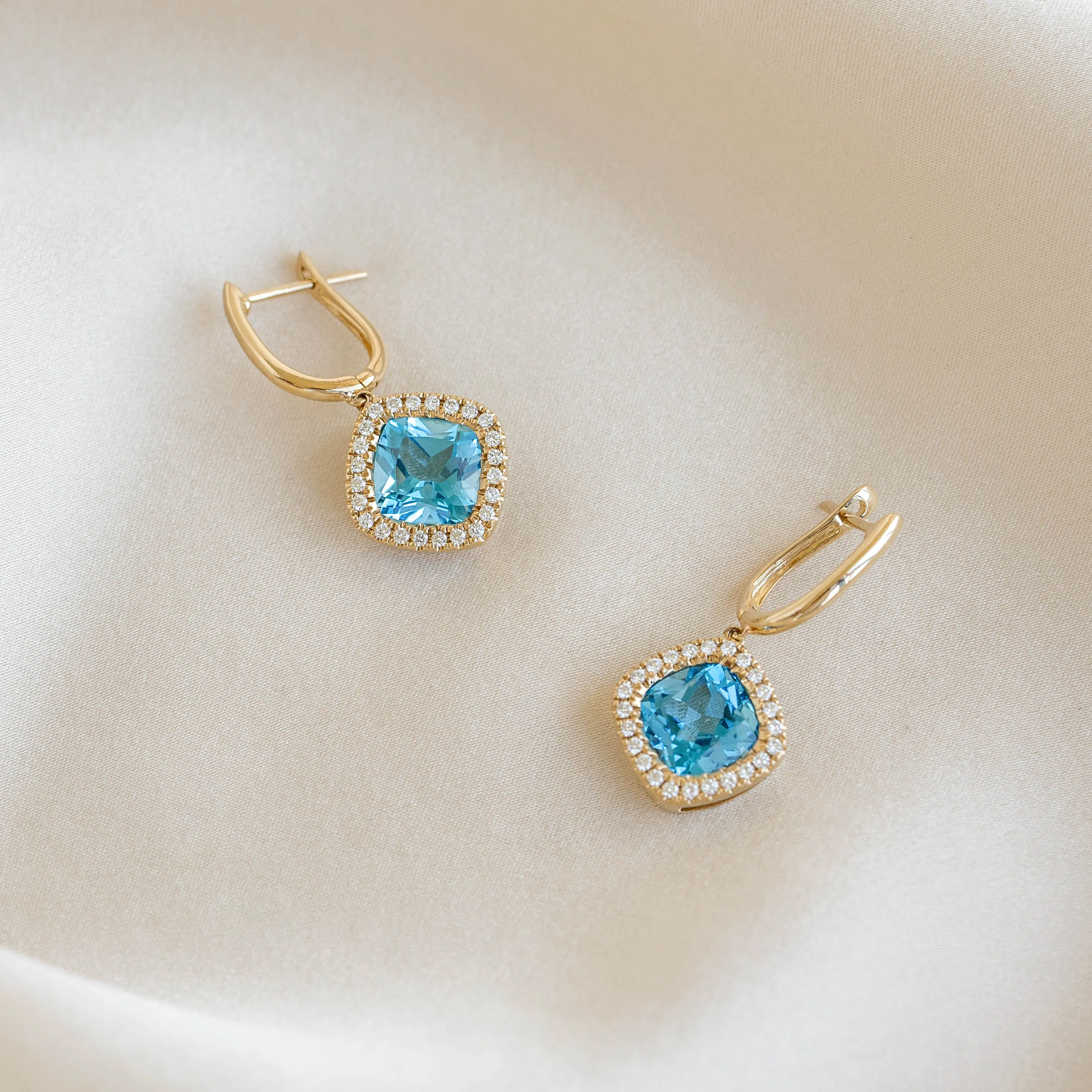 Swiss Blue Topaz and Diamond Halo Drop Earrings 14k Gold - Elvira