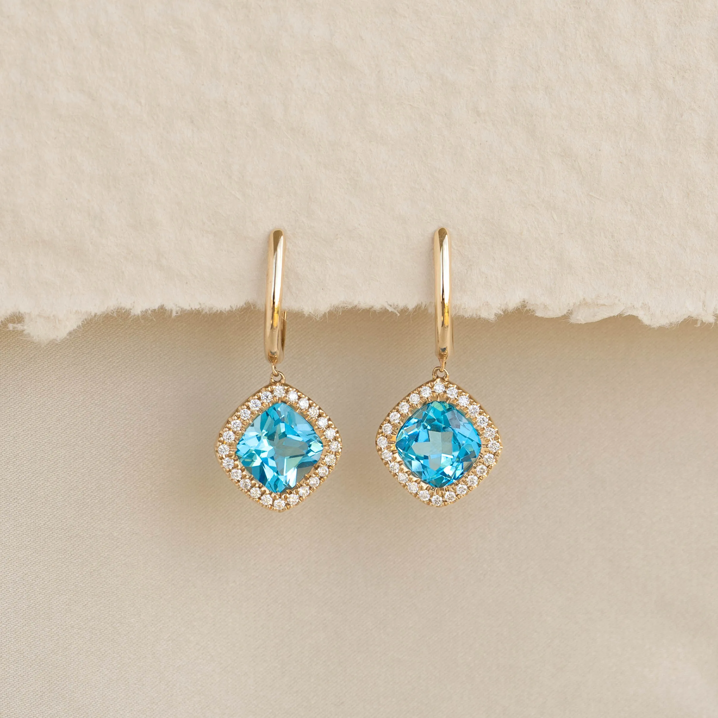 Swiss Blue Topaz and Diamond Halo Drop Earrings 14k Gold - Elvira