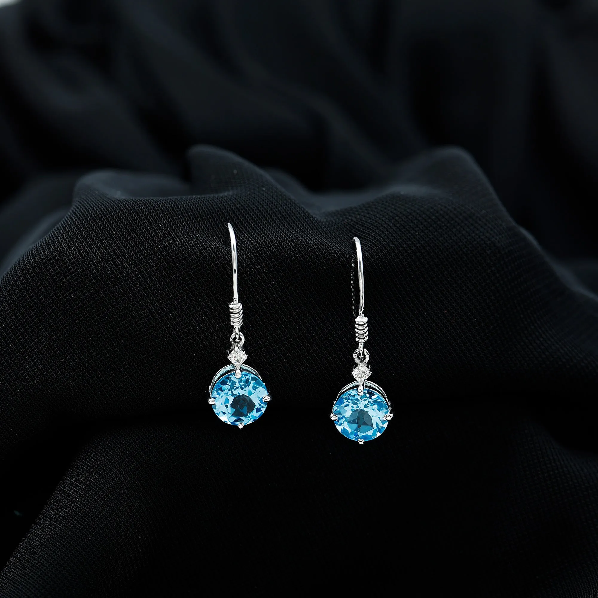 Swiss Blue Topaz and Moissanite Drop Earrings with Fish Hook