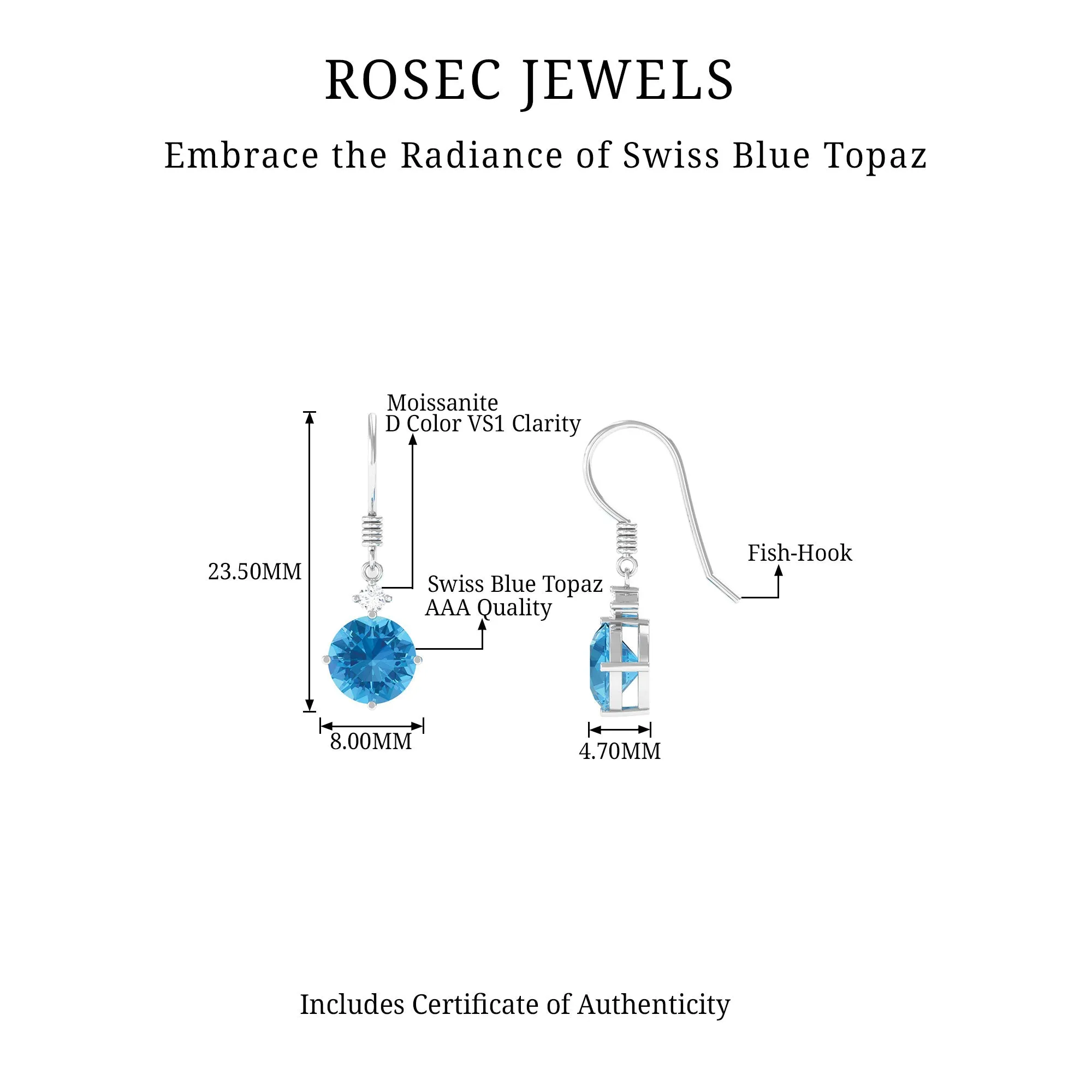 Swiss Blue Topaz and Moissanite Drop Earrings with Fish Hook