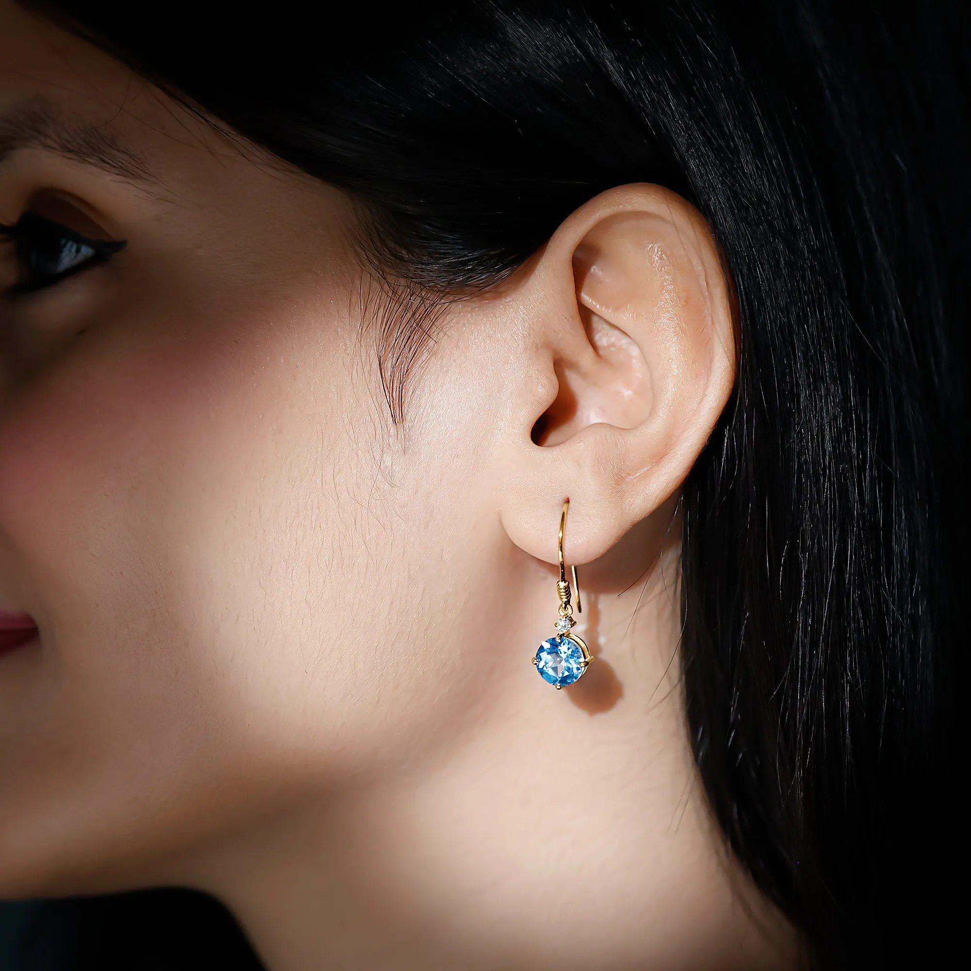 Swiss Blue Topaz and Moissanite Drop Earrings with Fish Hook