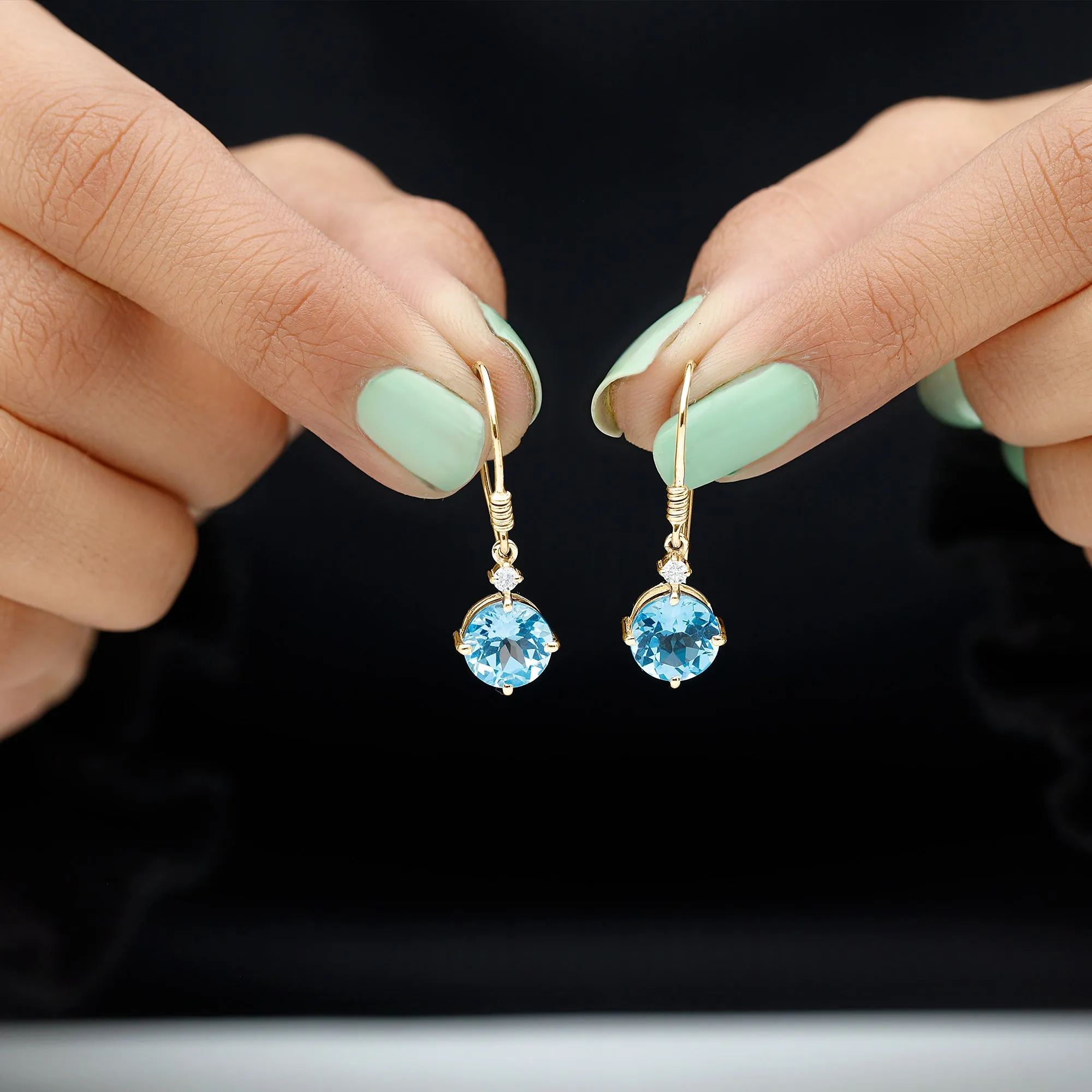 Swiss Blue Topaz and Moissanite Drop Earrings with Fish Hook