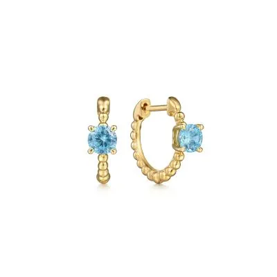 Swiss Blue Topaz Bujukan Huggies in 14K Yellow Gold