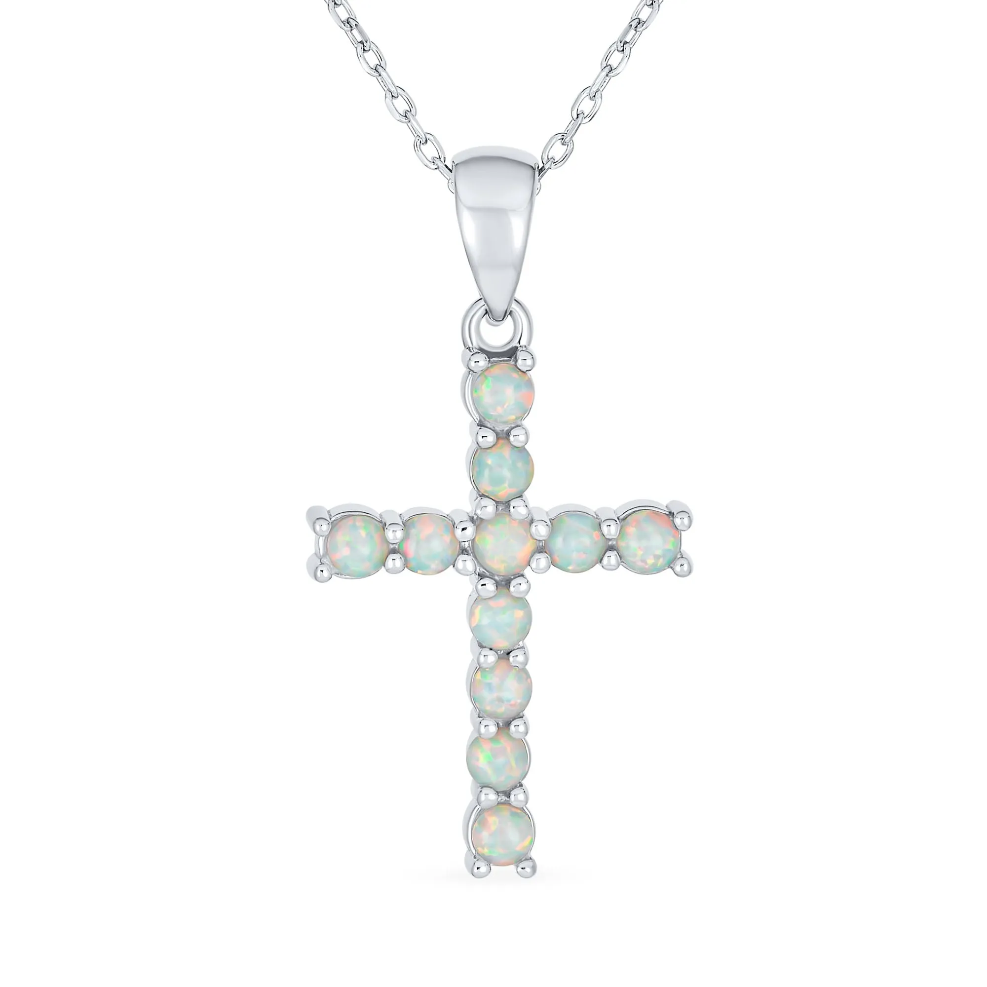 Traditional Bridal Necklace White Opal Cross Pendant Sterling Silver October Birthstone