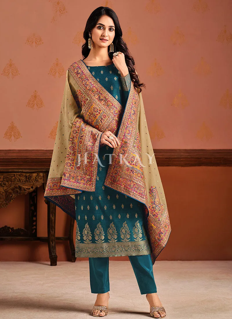 Turquoise And Beige Pant Style Salwar Suit