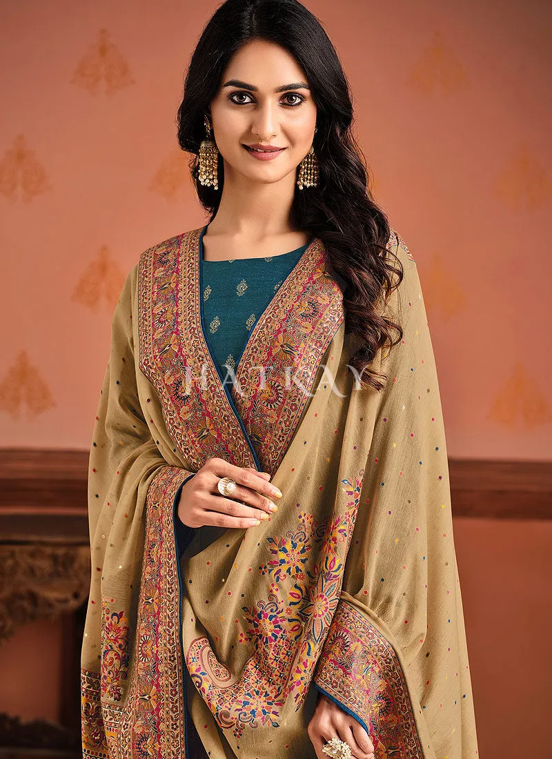 Turquoise And Beige Pant Style Salwar Suit