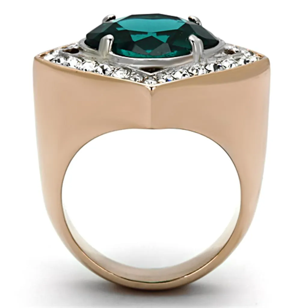 Two-Tone IP Rose Gold Stainless Steel Ring with Synthetic Synthetic Glass in Blue Zircon for Women Style TK1160