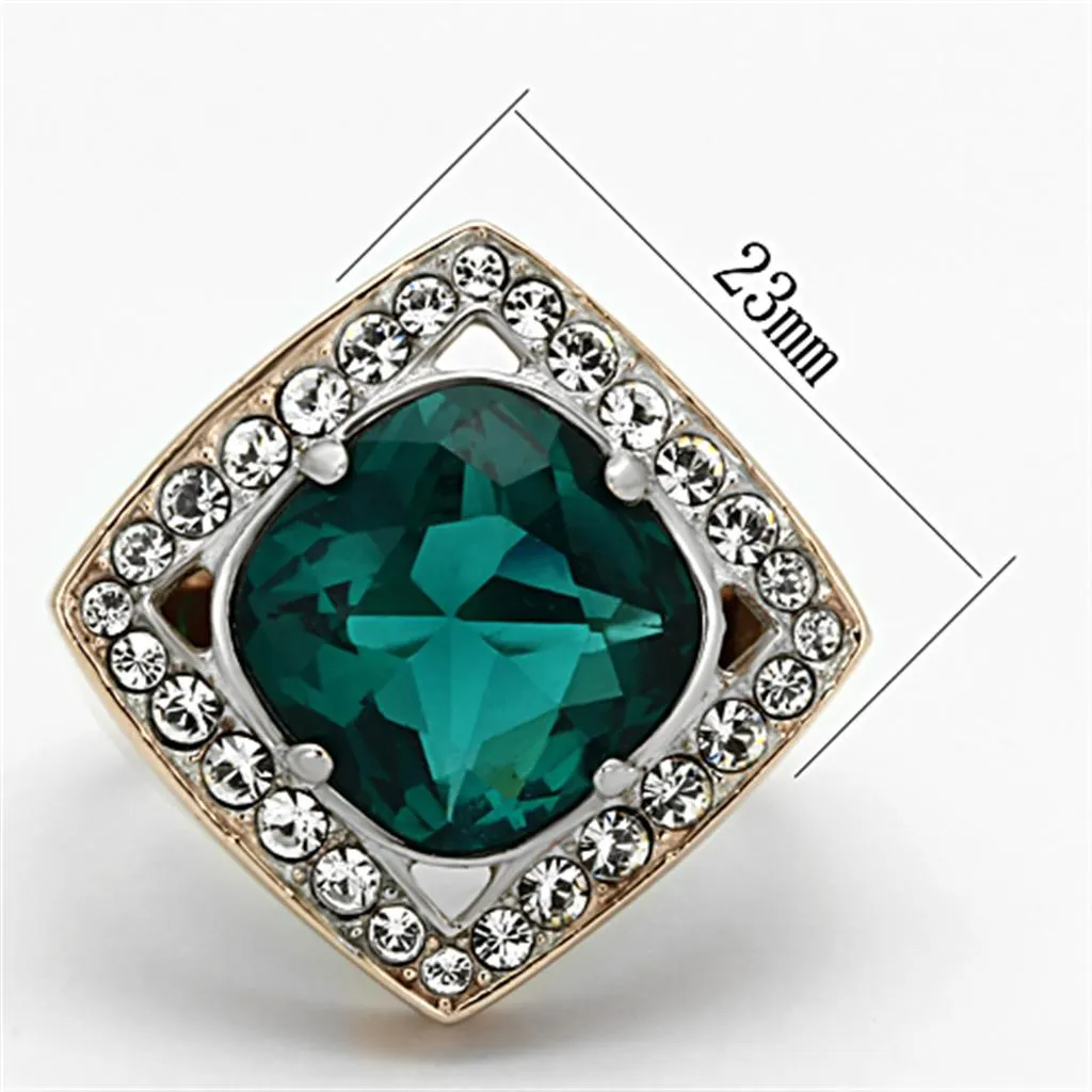 Two-Tone IP Rose Gold Stainless Steel Ring with Synthetic Synthetic Glass in Blue Zircon for Women Style TK1160