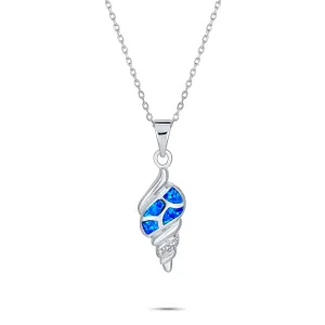 Vacation Blue Gemstone Opal Inlay Sea Shell Pendant Necklace Sterling Silver