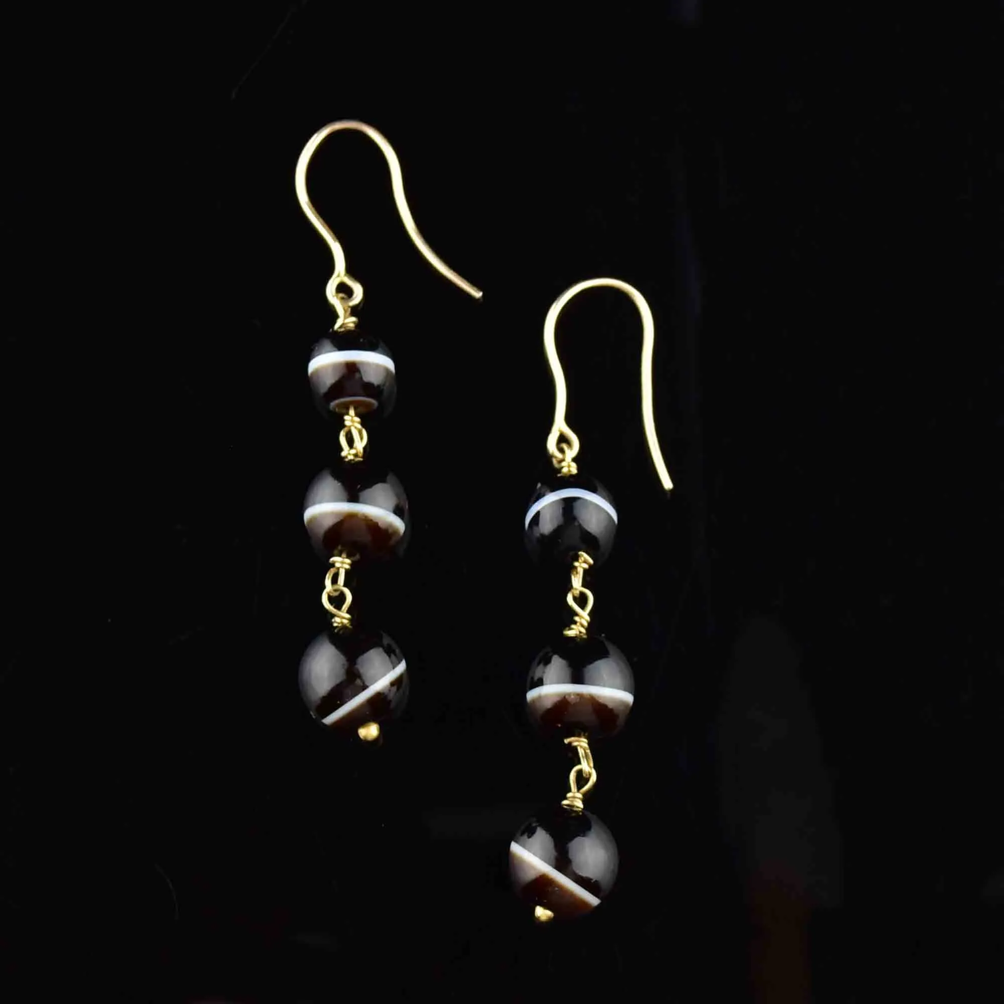 Vintage 14K Gold Banded Agate Ball Drop Earrings